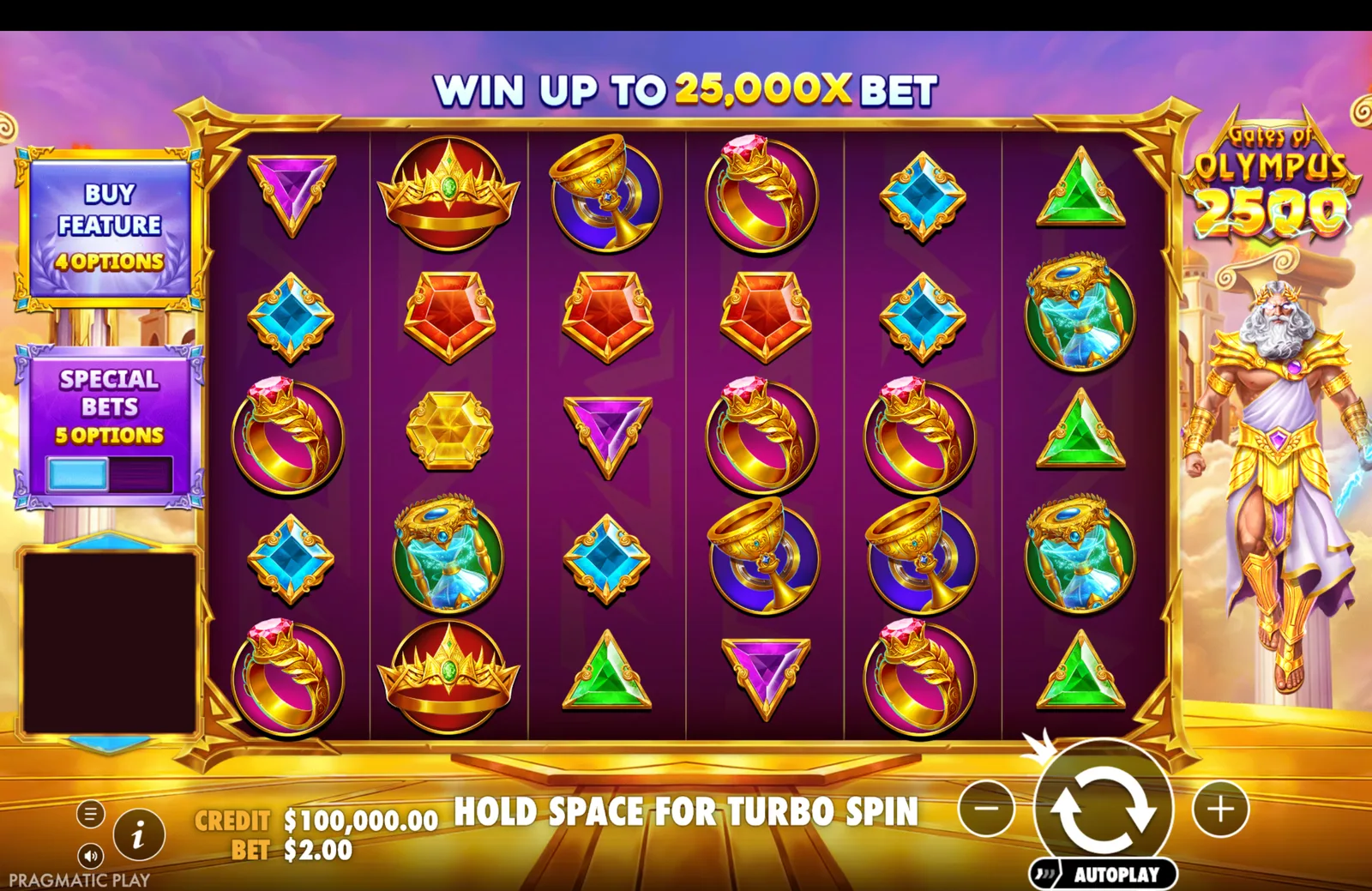 Gates of Olympus 2500 base game reel grid with the header "WIN UP TO 25,000X BET" and Buy Feature and Special Bets side menus.
