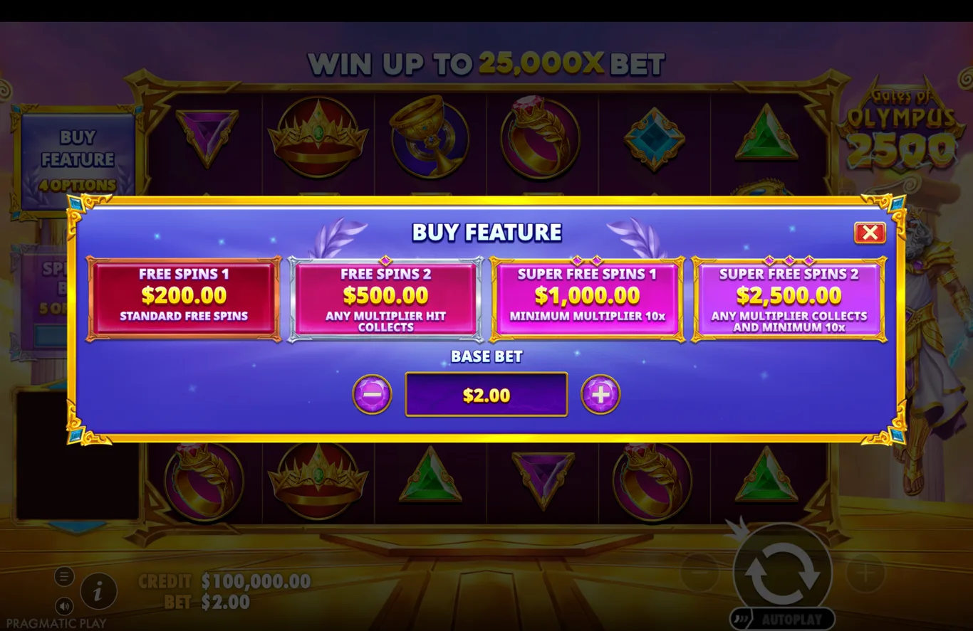 Buy Feature overlay listing Free Spins 1, Free Spins 2, Super Free Spins 1 and Super Free Spins 2 options at a base bet.
