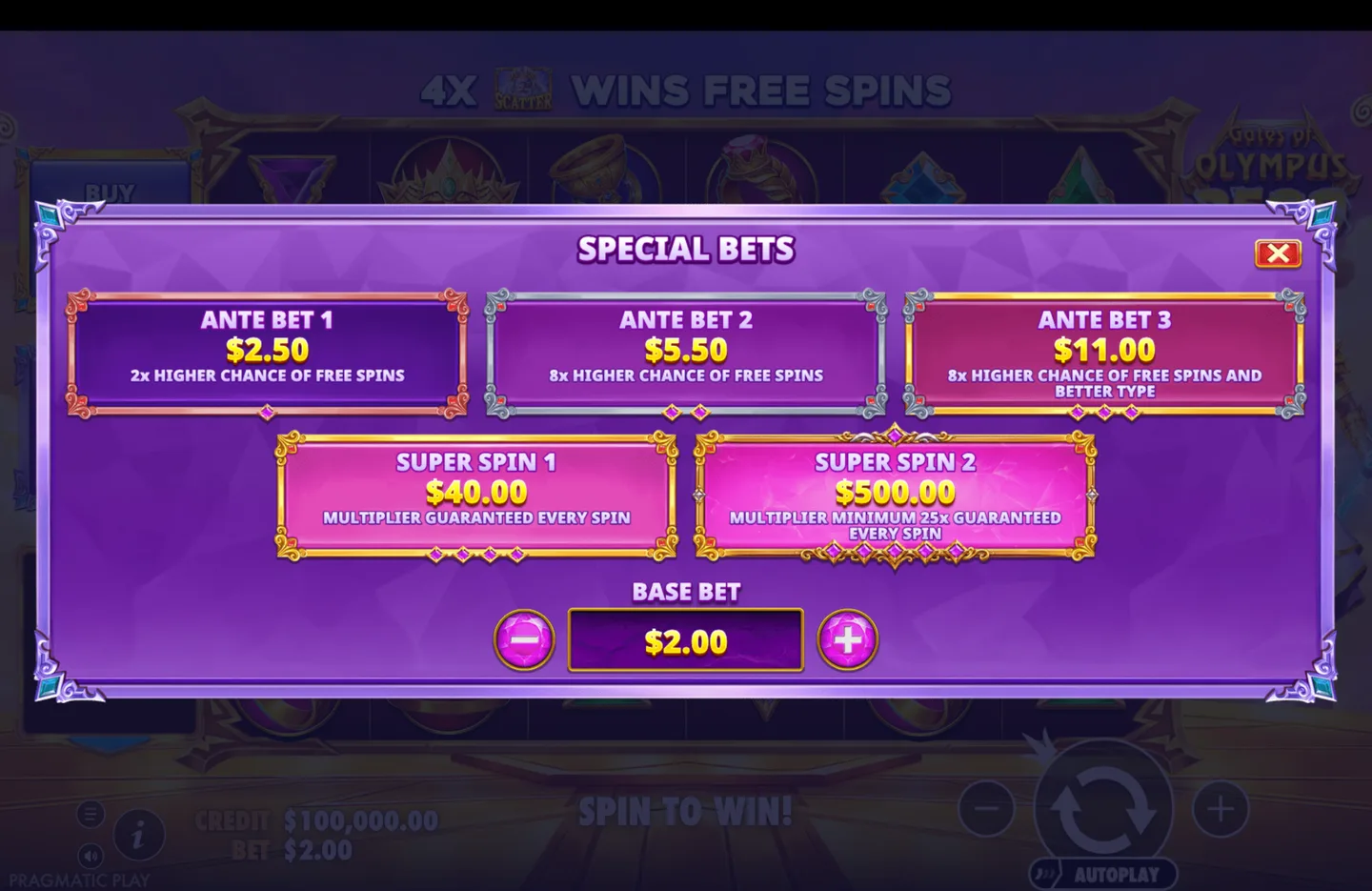 Special Bets overlay in Gates of Olympus 2500 listing three Ante Bet options and two Super Spin options.