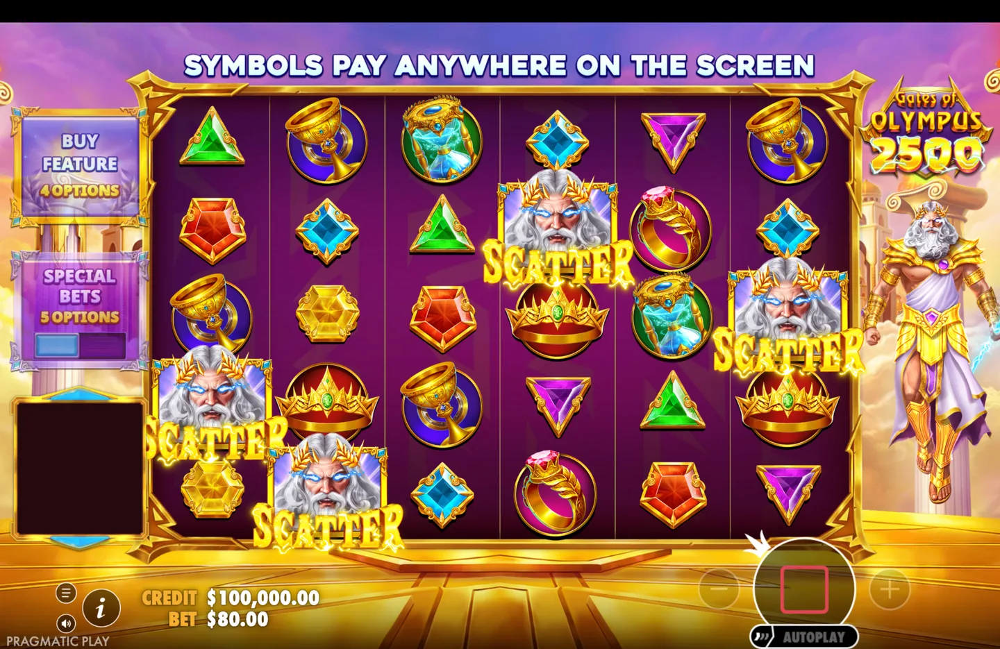 Gates of Olympus 2500 base game reel grid with four Zeus Scatter symbols visible under the banner "SYMBOLS PAY ANYWHERE ON THE SCREEN".