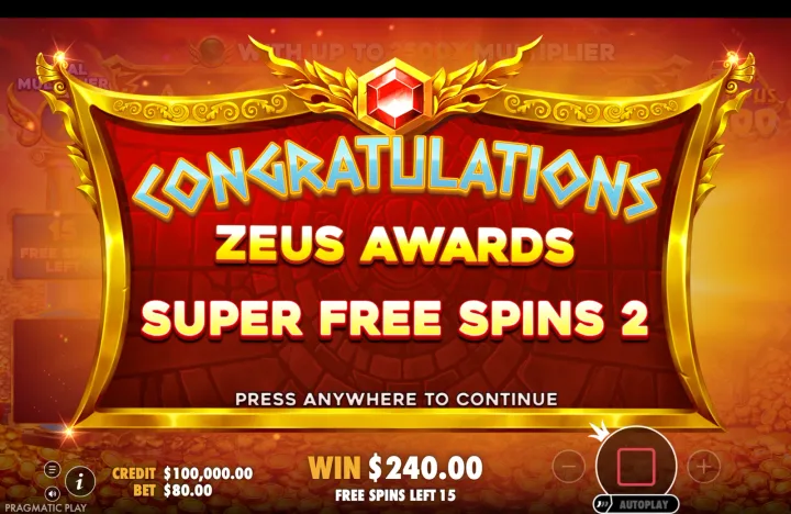 Congratulations banner reading "ZEUS AWARDS SUPER FREE SPINS 2", with "WIN $240.00" and "FREE SPINS LEFT 15" at the bottom.